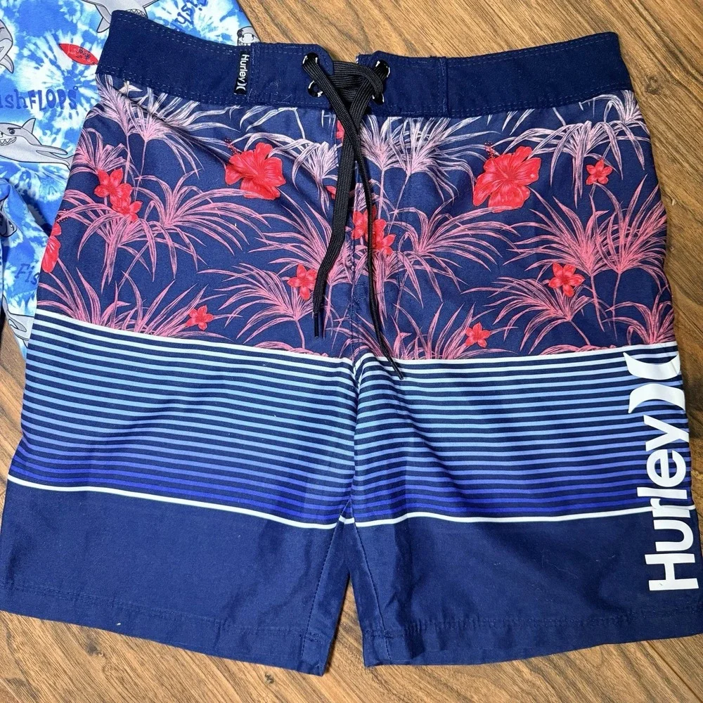 Boys Swim Trunks Lot Size 8 Hurley Sharks Tie Dye Palm Trees
